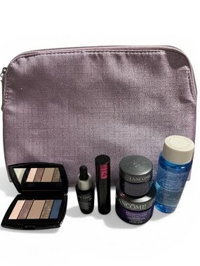 Lancôme 7-Piece Metallic Purple Makeup Bag with Cosmetic/Skincare Set